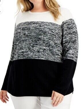 Karen Scott Colorblock Black, White & Heathered Gray Long Sleeve Top